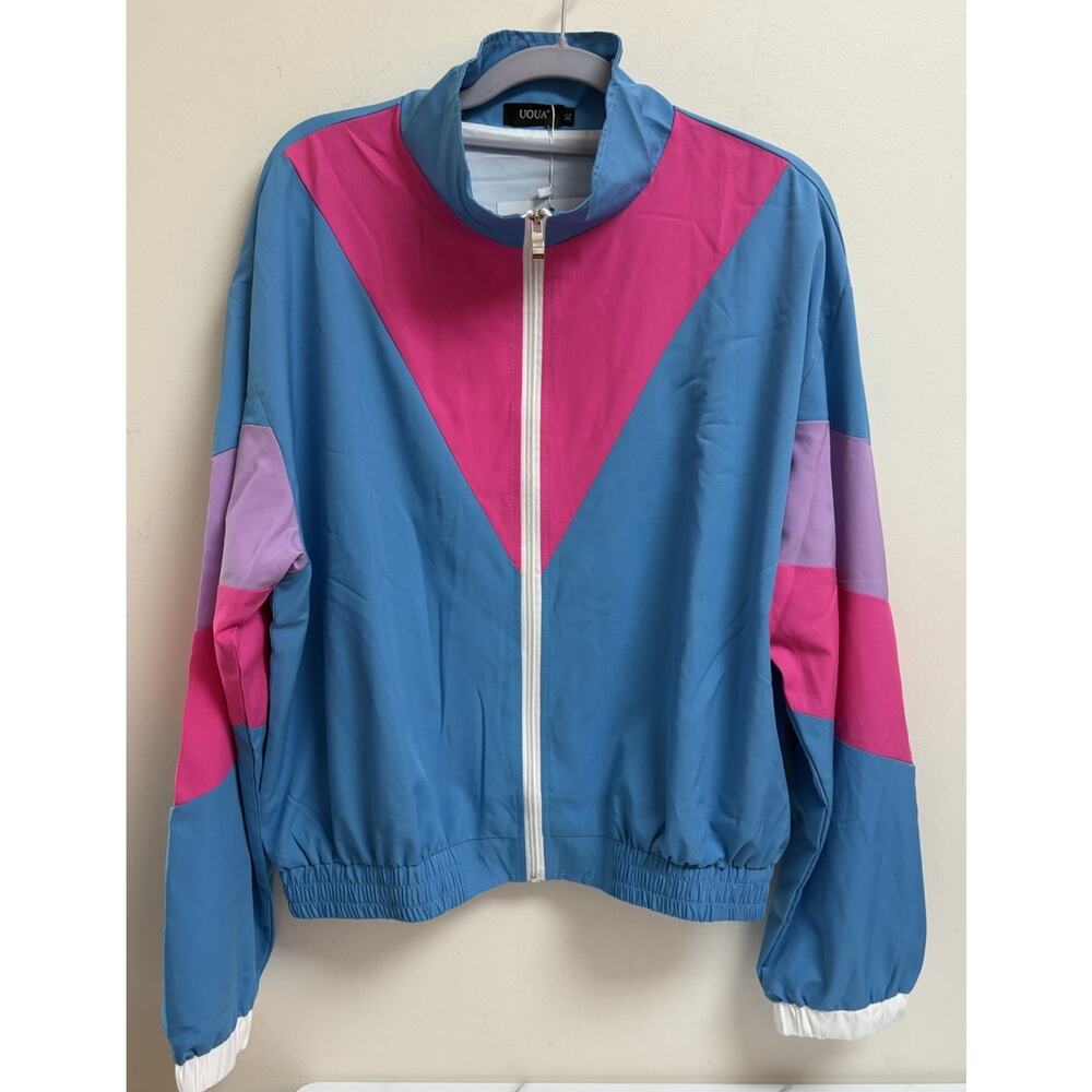 UOUA Womens XL Retro Colorblock Windbreaker Track Jacket‎ Zip Up Elastic Waist